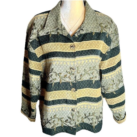 Keren Hart Lightweight Tapestry Jacket Sz M Black Gold Cuffed Sleeves Buttons - Picture 1 of 8